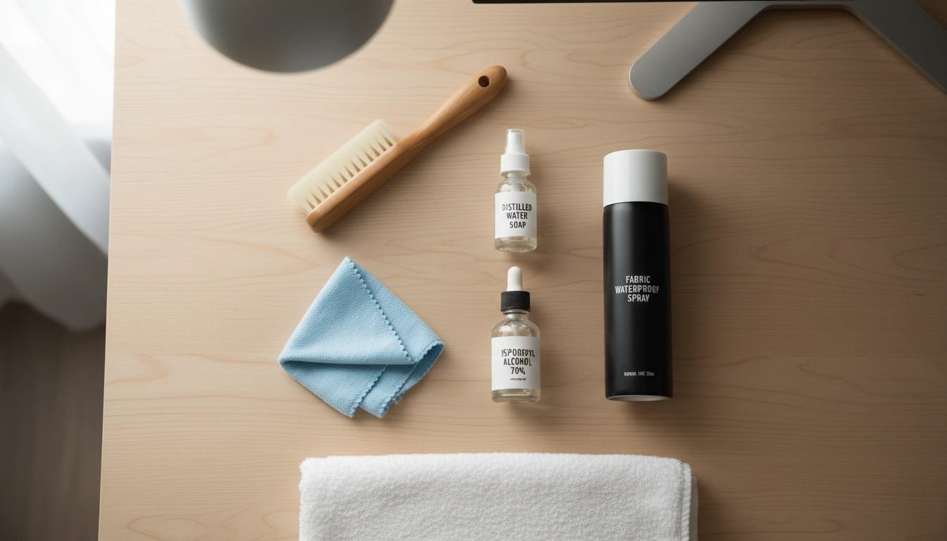 Les 7 produits entretien tapis souris gaming essentiels disposés en flat lay sur un bureau en bois