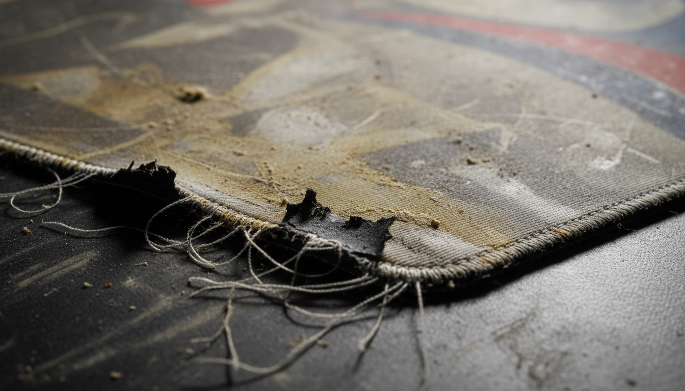 Gros plan sur une surface abîmée par l'utilisation de produits ménagers dangereux pour tapis de souris.