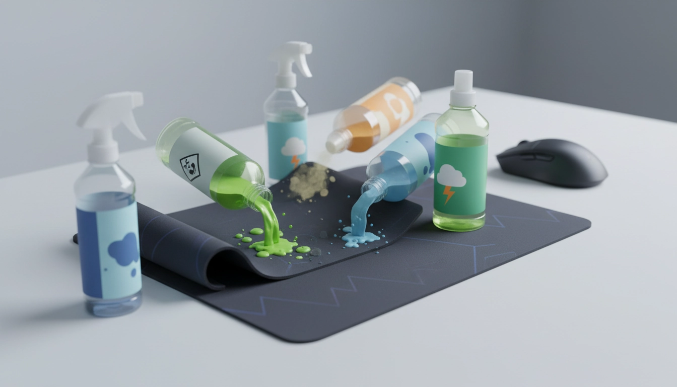 Exemple de dégâts causés par des produits ménagers dangereux pour tapis de souris sur un bureau de gamer.