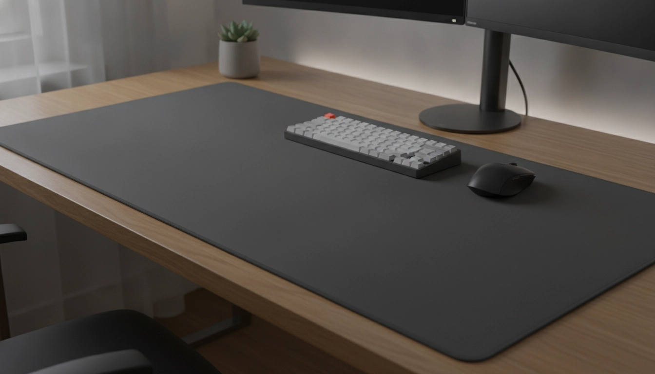 Exemple de quels produits utiliser pour nettoyer et protéger un tapis de souris XXL sur un bureau propre.