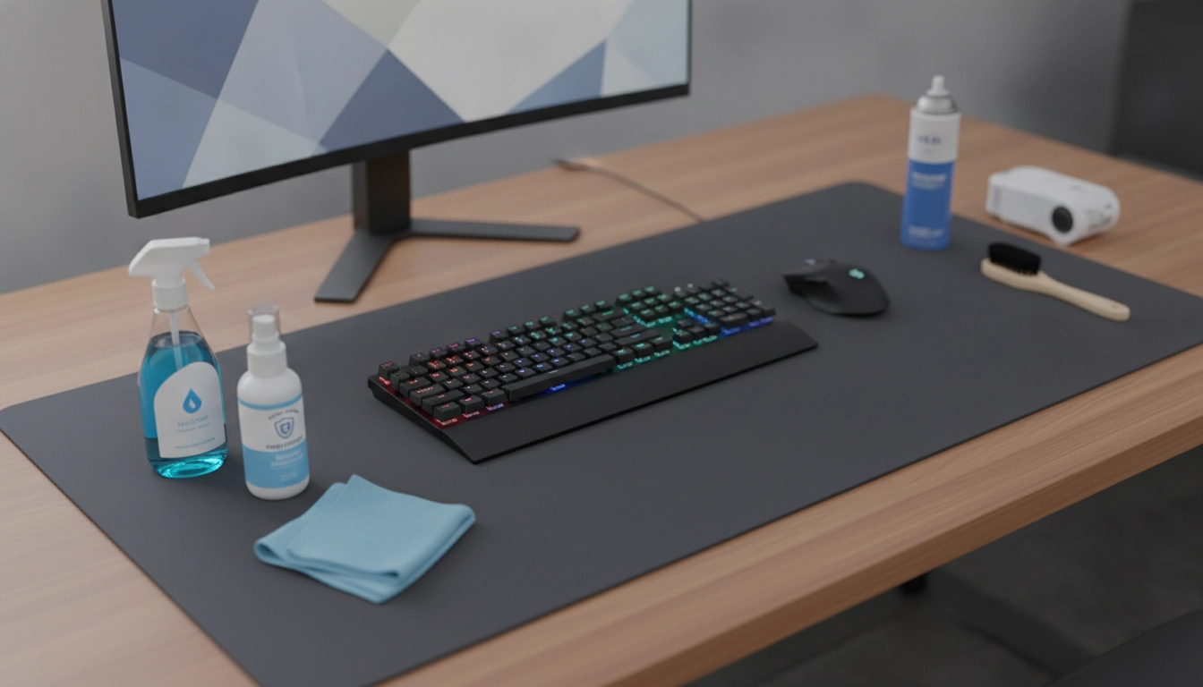 Un tapis de souris XXL propre sur un bureau moderne avec des produits de nettoyage doux à côté.