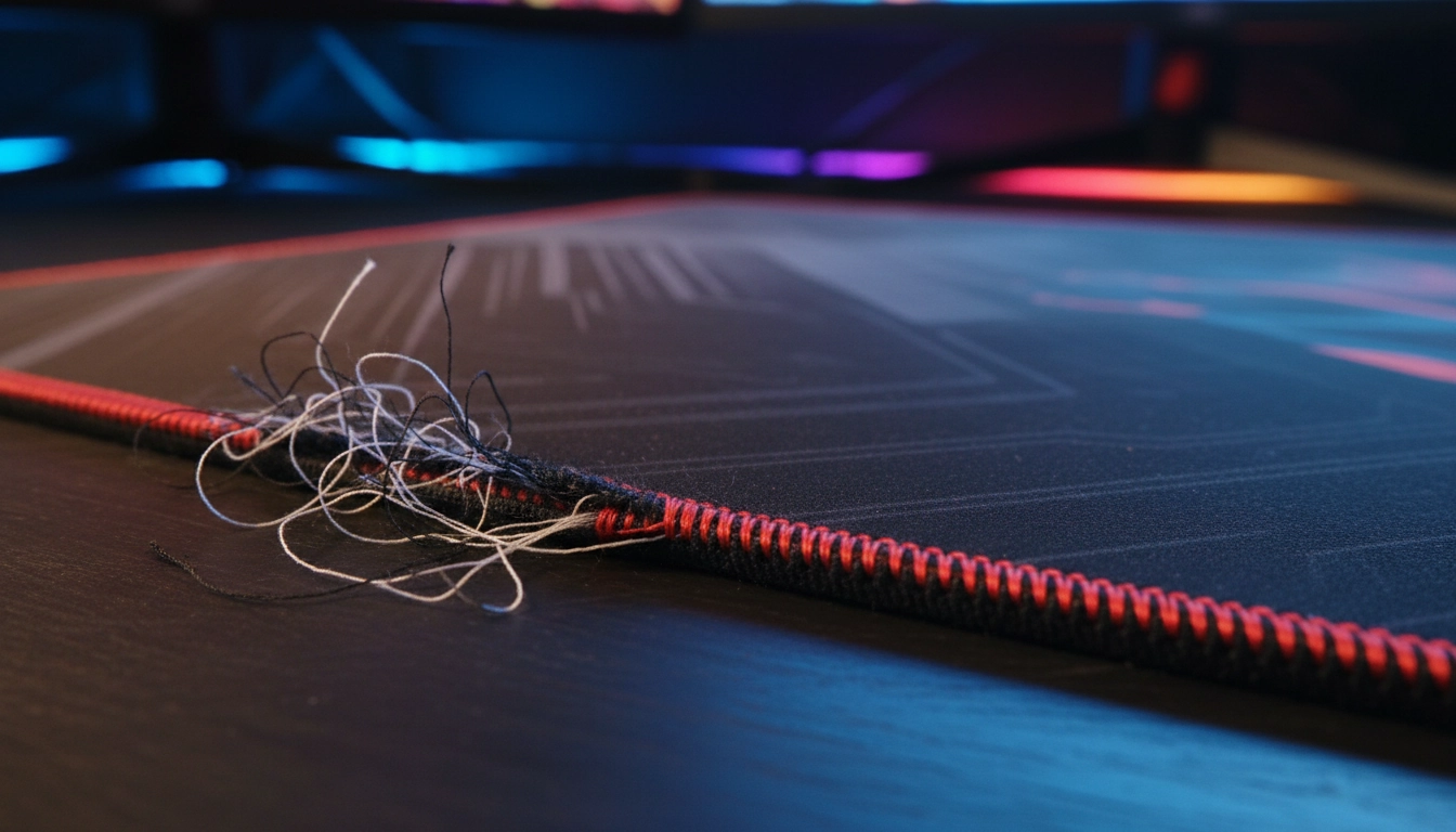 Comparaison entre un bord usé et un bord protégé pour comprendre comment protéger les bords d'un tapis de souris de l'effilochage.