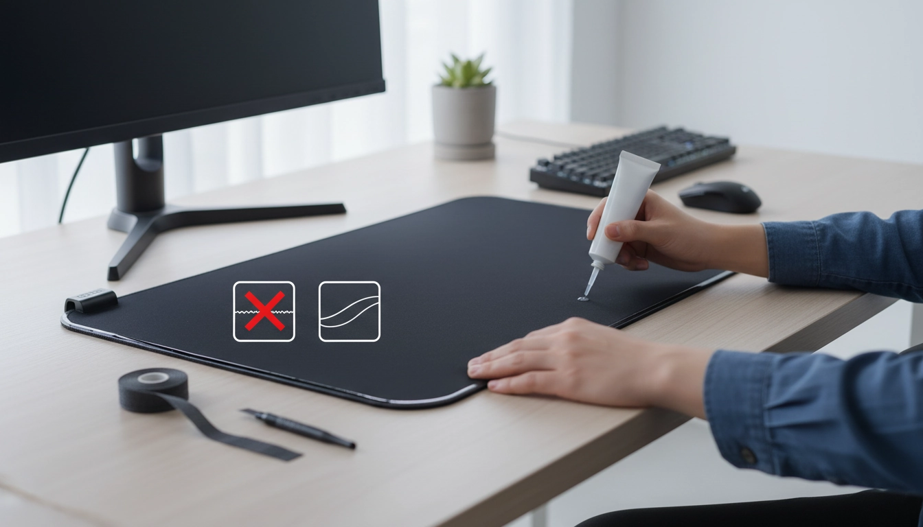 Gros plan sur la bordure cousue d'un tapis de souris pour montrer comment protéger les bords d'un tapis de souris de l'effilochage durablement.