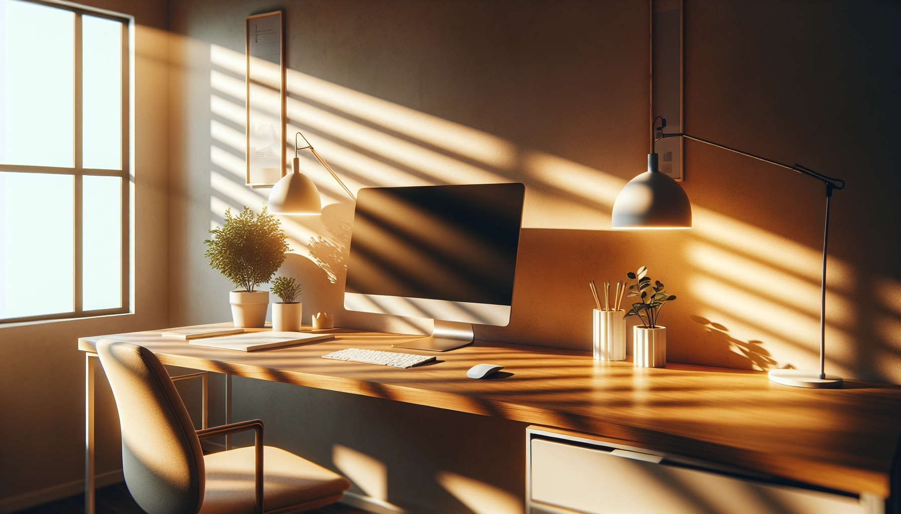 Setup minimaliste naturel avec éclairage chaud démontrant comment la psychologie des couleurs aide à choisir l'ambiance d'un setup productivité