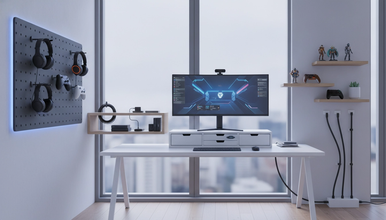 Setup gaming épuré avec accessoires bien rangés sur le bureau