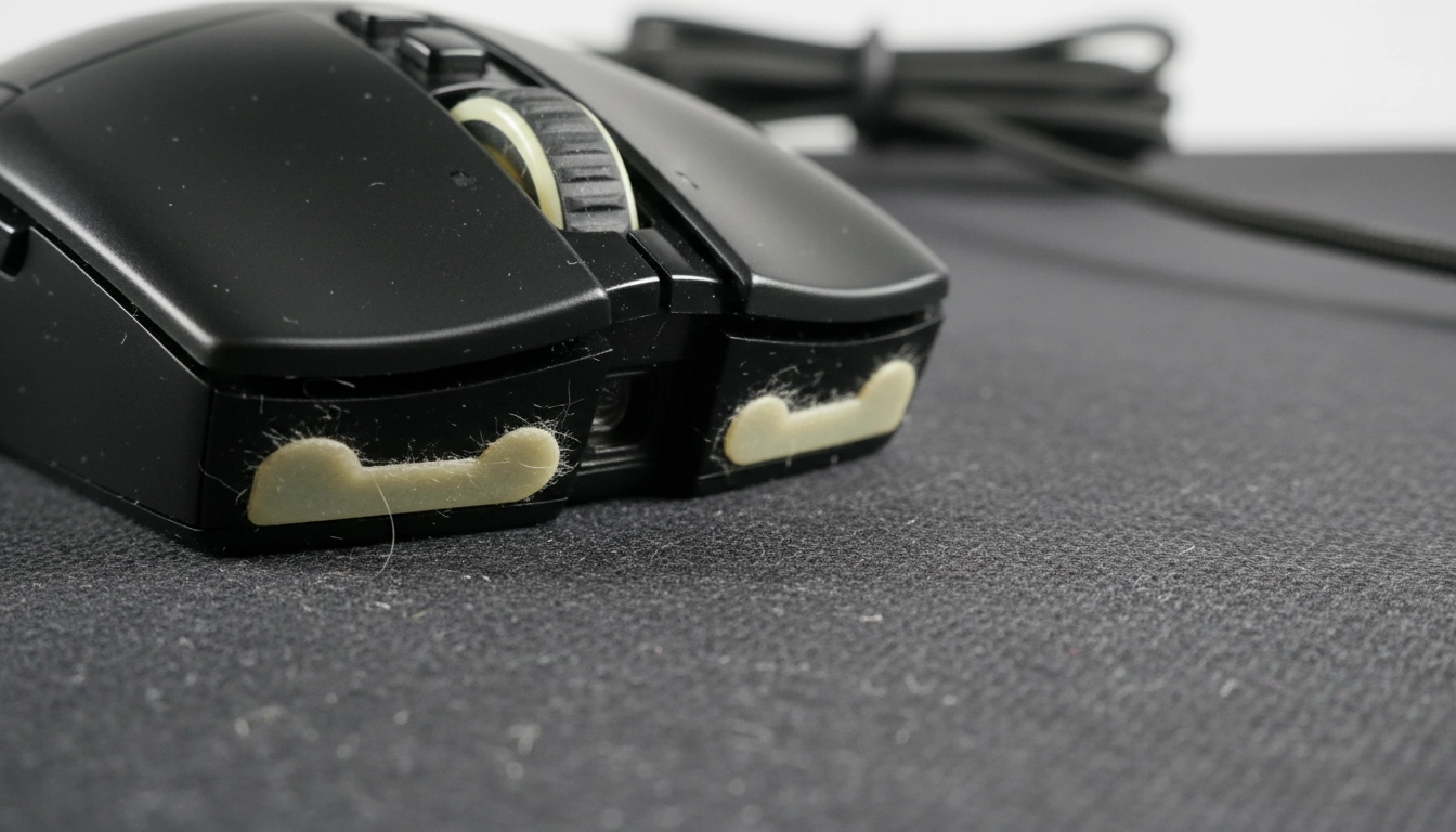 Gros plan sur les patins d'une souris gaming pour réduire frottements souris sur tapis