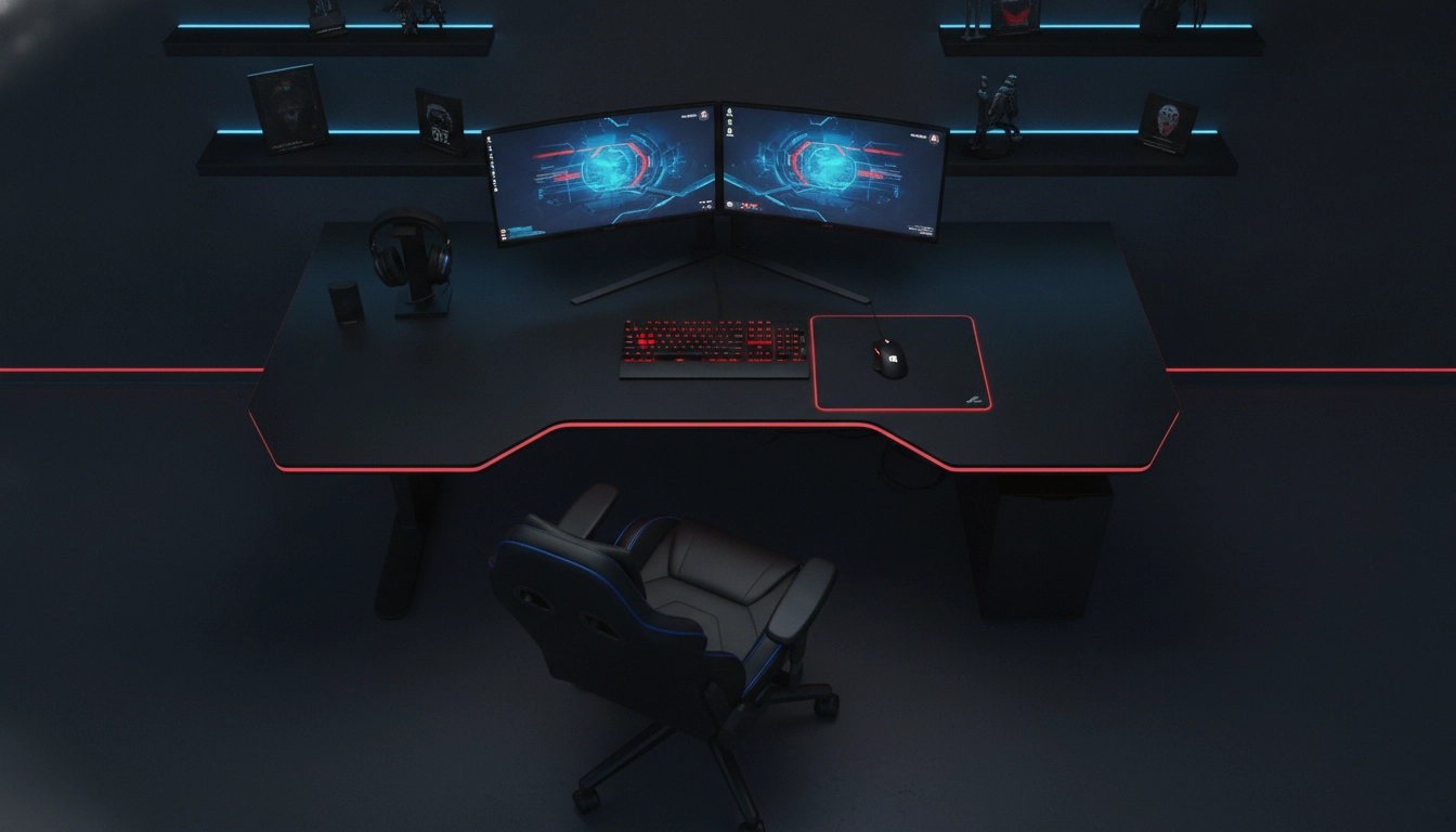 Setup gaming professionnel illustrant la règle des trois couleurs setup bureau gaming avec harmonie parfaite : noir dominant, bleu secondaire, accents RGB rouges