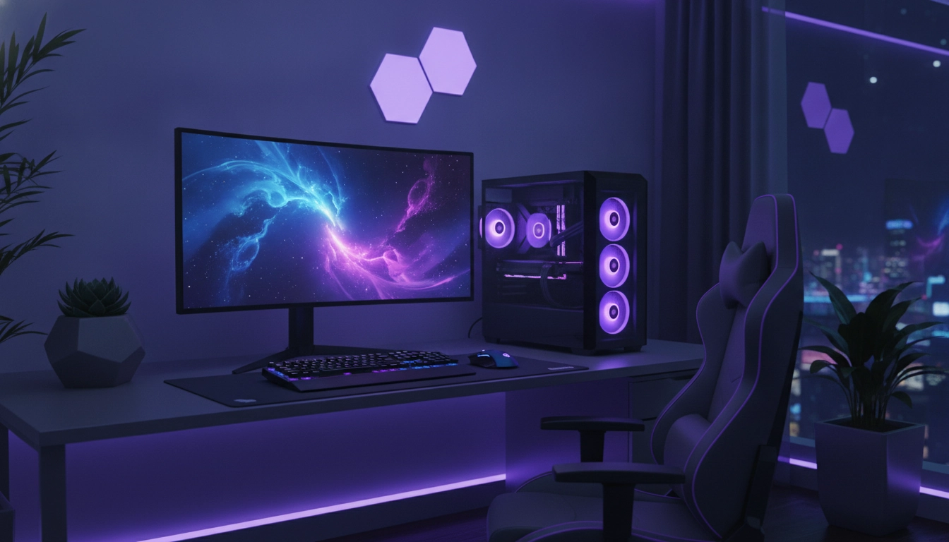 Exemple de setup gaming avec application parfaite de la règle des trois couleurs setup bureau gaming : noir dominant, bleu secondaire, accent RGB rouge