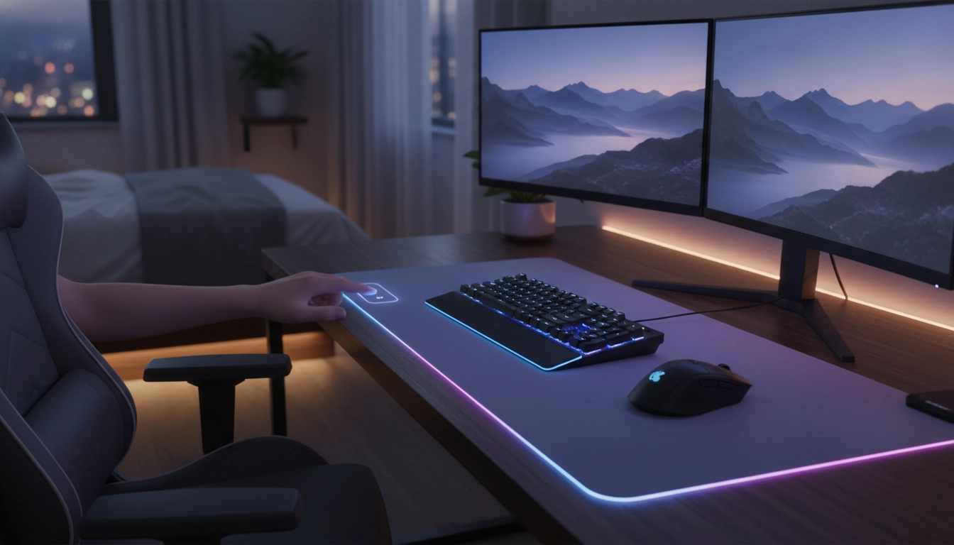 Setup gaming avec un tapis de souris RGB réglé sur une luminosité douce et harmonieuse