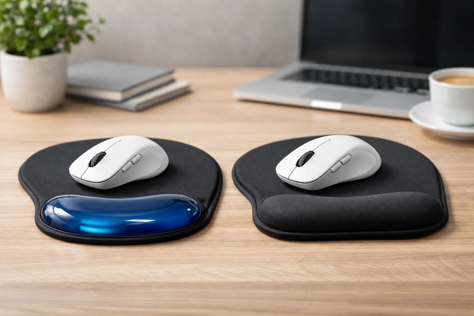 Comparaison visuelle entre un repose-poignet en gel et un repose-poignet en mousse pour tapis de souris, montrant les différences de matière et de structure