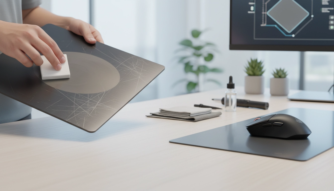 Gros plan sur une main de joueur utilisant une souris sur un support lisse pour illustrer comment restaurer la glisse d'un tapis de souris rigide rayé.