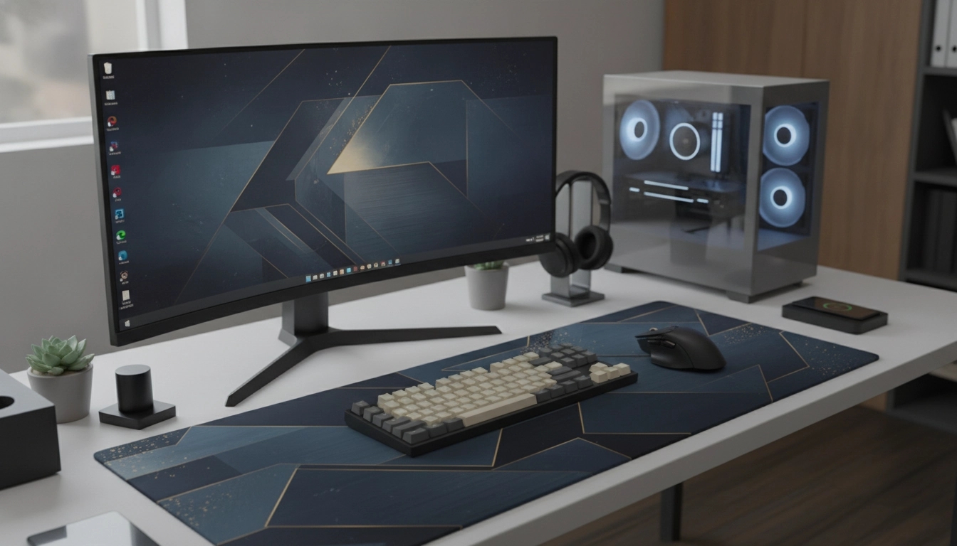 Un bureau moderne illustrant le rôle tapis souris équilibre esthétique setup global avec une configuration épurée.