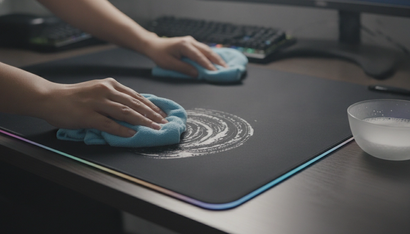 Nettoyage manuel délicat d'un tapis de souris gamer pour préserver sa glisse.