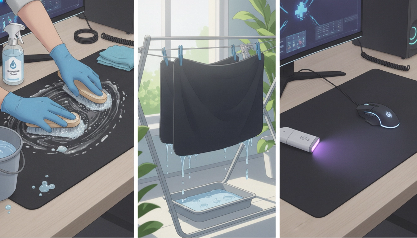 Une routine complète entretien et désinfection tapis souris gamer effectuée avec précaution pour un setup propre.