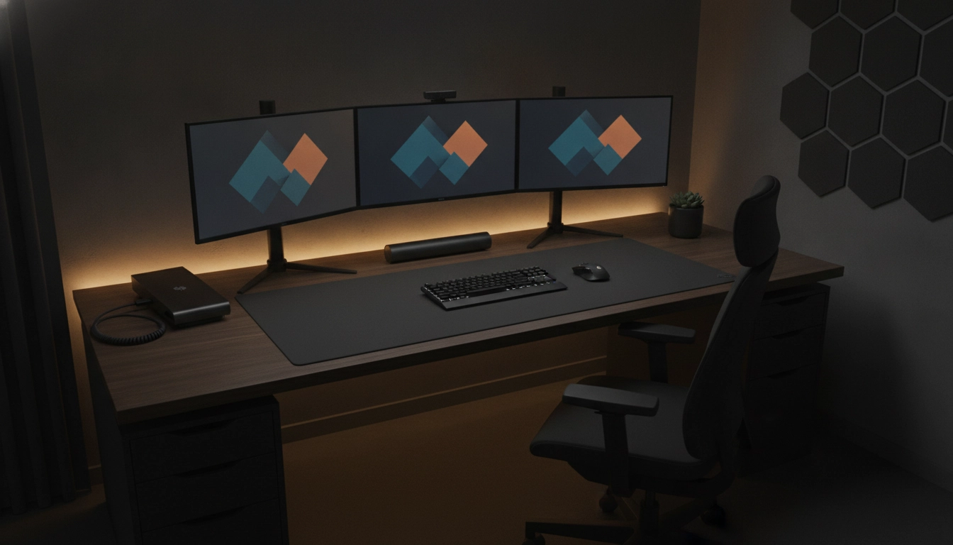 Un bureau moderne pour harmoniser setup couleurs sombres style dark aesthetic avec un éclairage soigné.