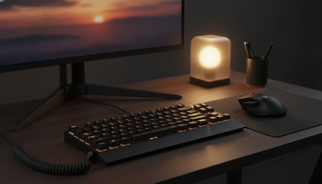 Détails d'un setup sombre avec des accessoires mats pour un style épuré.