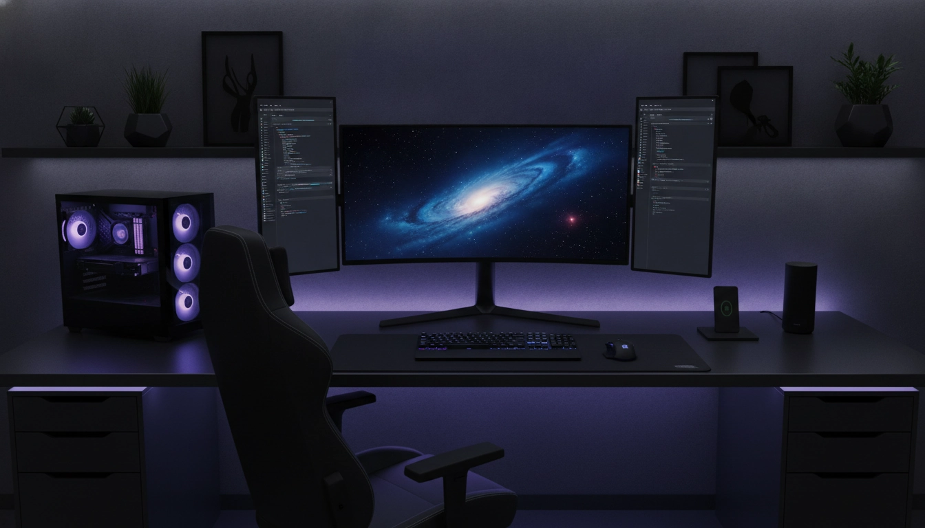 Setup informatique élégant et minimaliste pour apprendre à harmoniser setup couleurs sombres style dark aesthetic