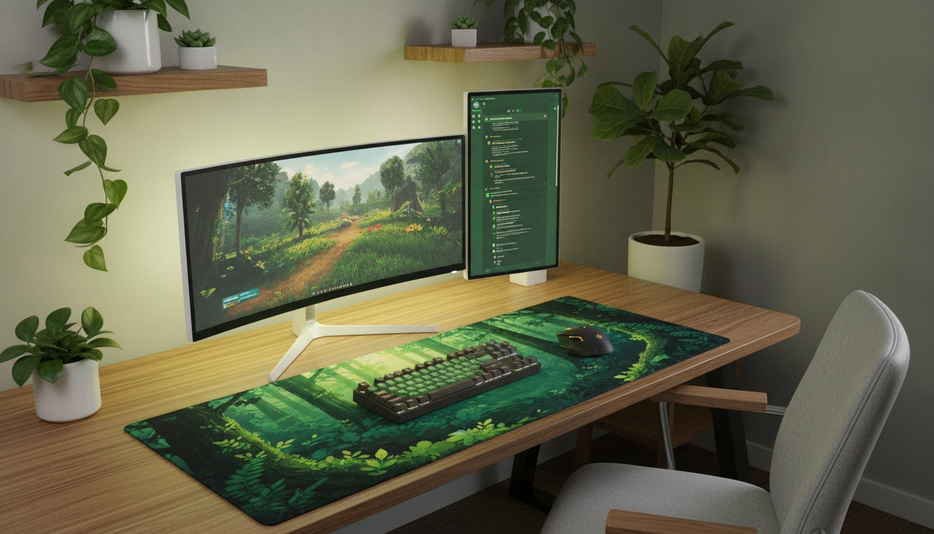 Un magnifique setup gaming thème nature forêt tapis de souris vert posé sur un bureau en bois