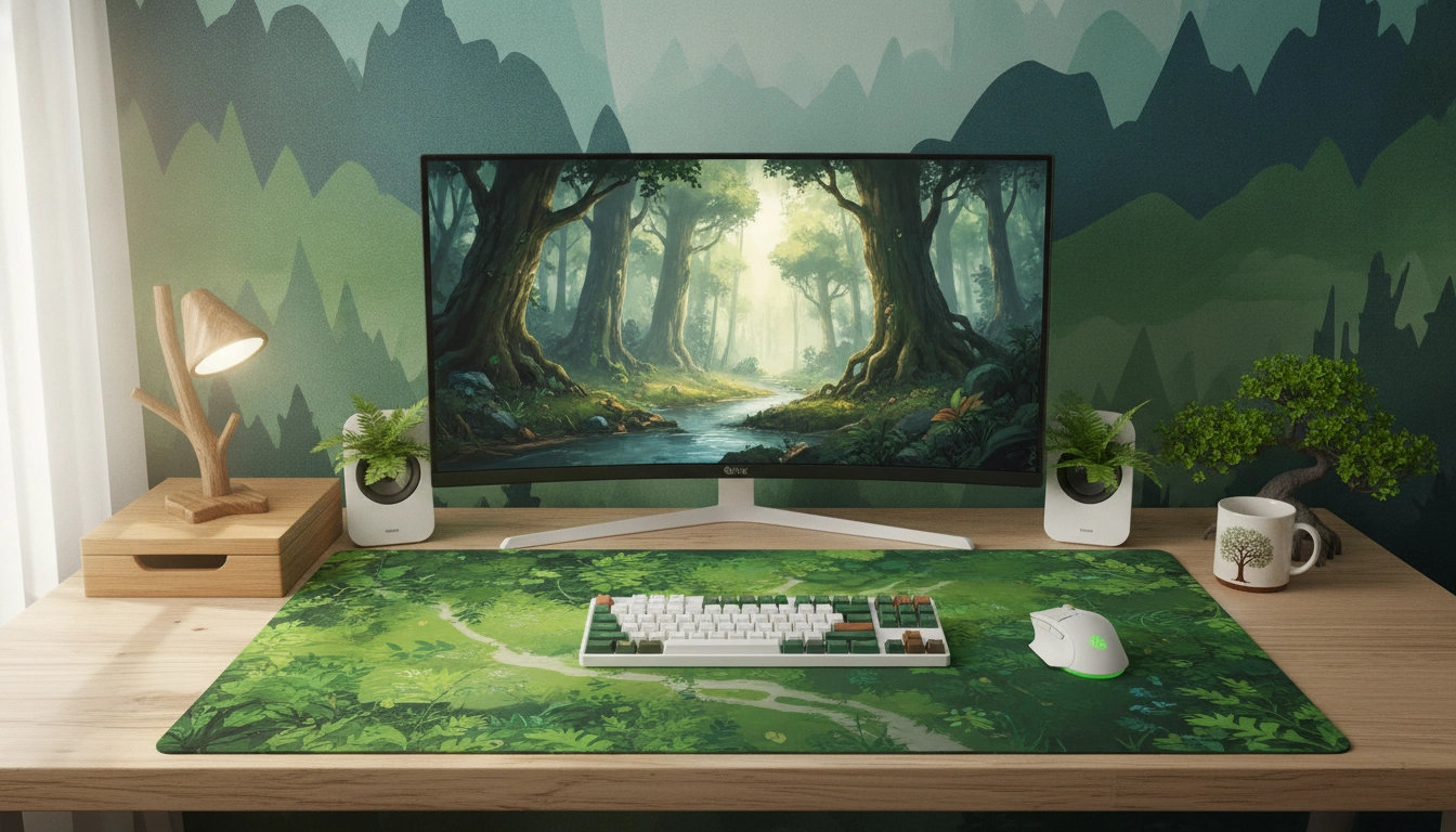 Setup gaming thème nature forêt tapis de souris vert sur un bureau en bois