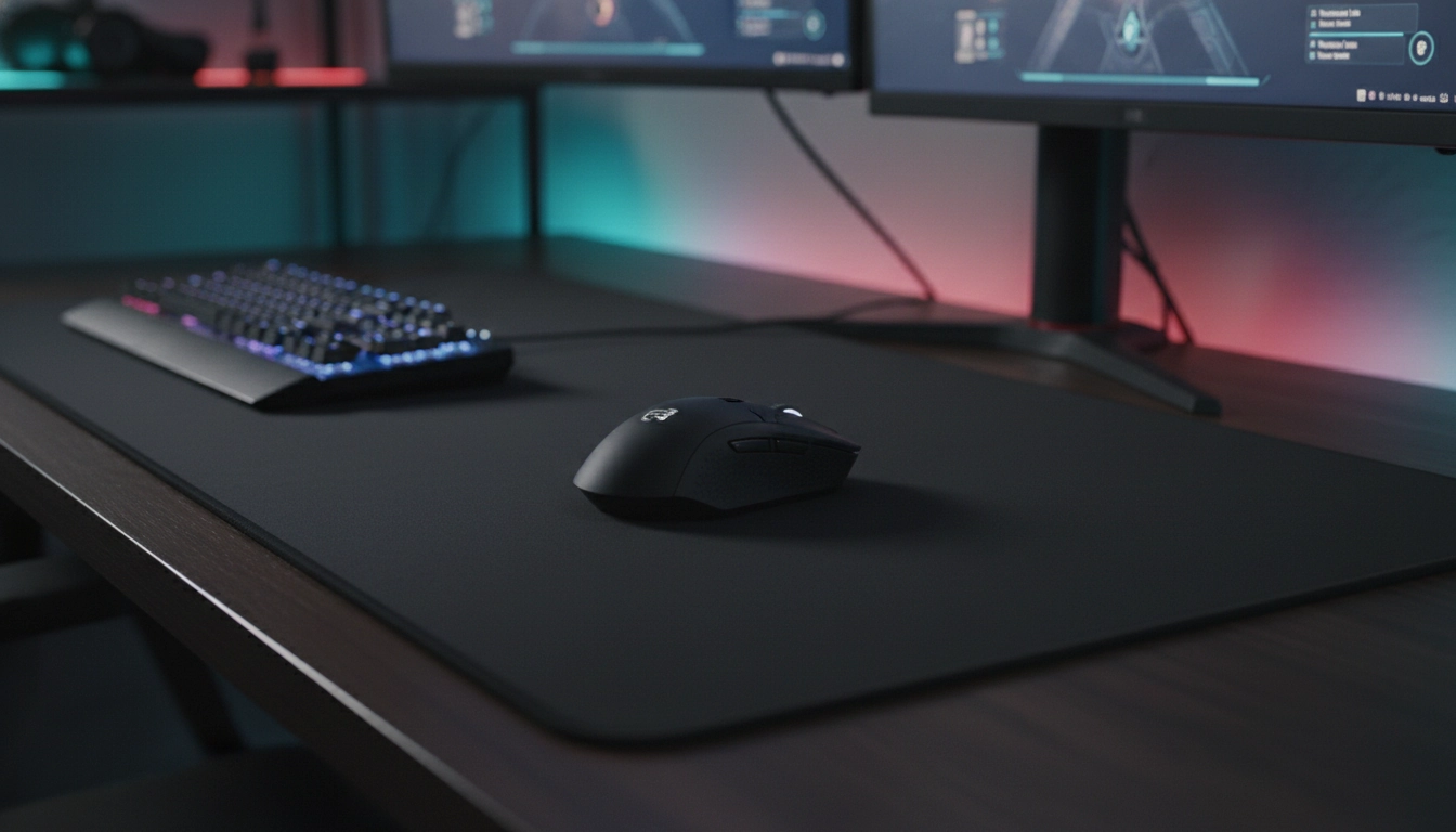 Grand tapis de souris gaming format XL posé à plat sur un bureau en bois pour une stabilité optimale pendant les sessions de jeu