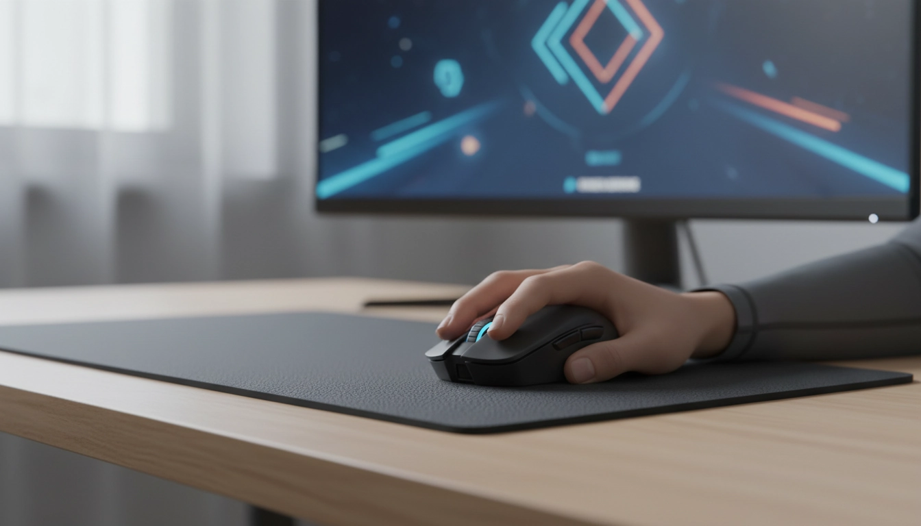 Tapis de souris gaming large format posé à plat sur un bureau, illustrant la stabilité tapis souris jeu pour une performance optimale