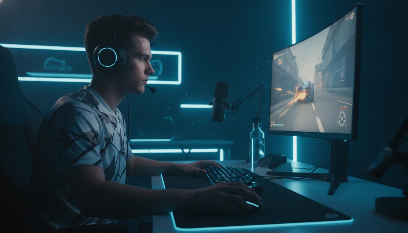 Joueur e-sport concentré utilisant un tapis stable pour maximiser sa précision en jeu compétitif.