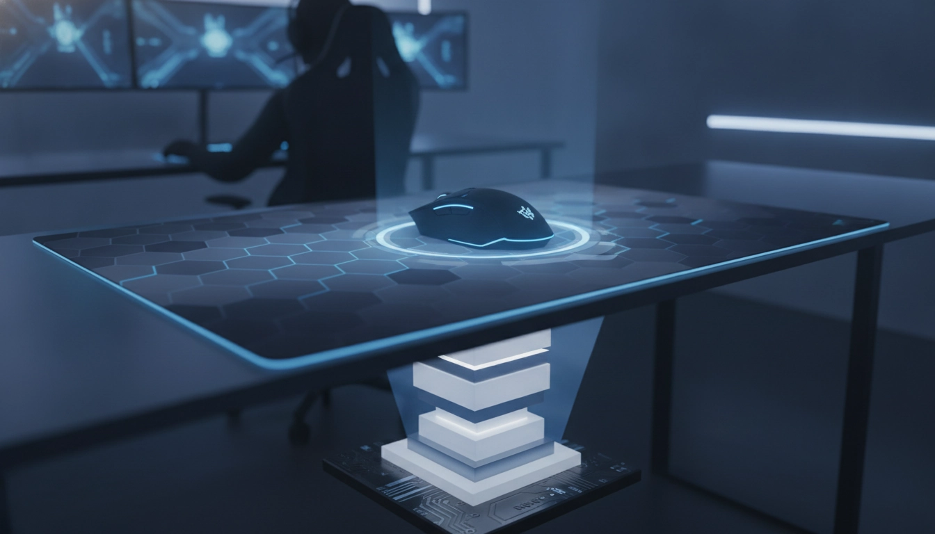 Un setup gaming professionnel illustrant la stabilité tapis souris et performance en jeu compétitif avec un tapis haut de gamme.