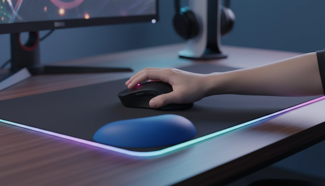 Main en position palm grip sur un support de poignet tapis souris gaming avec repose-poignet en gel intégré