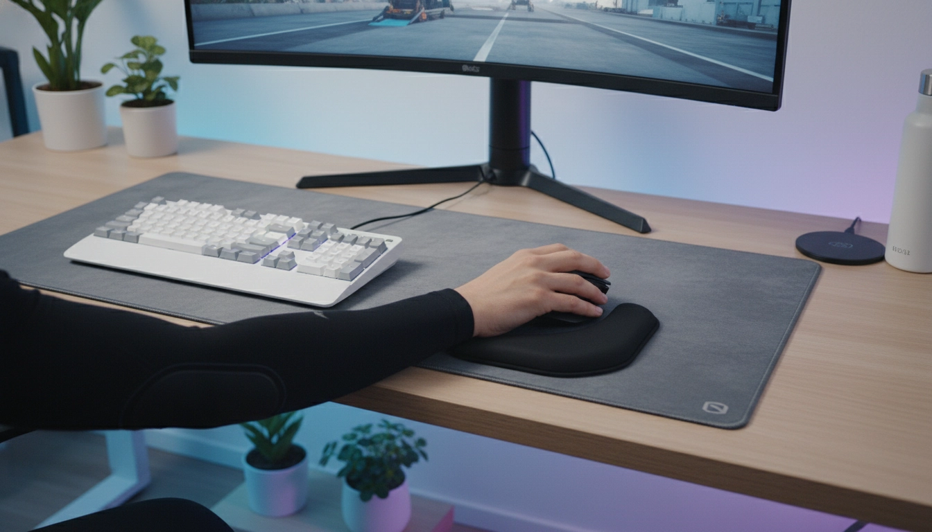 Setup bureau gamer ergonomique avec support poignet tapis souris et position neutre du poignet bien alignée