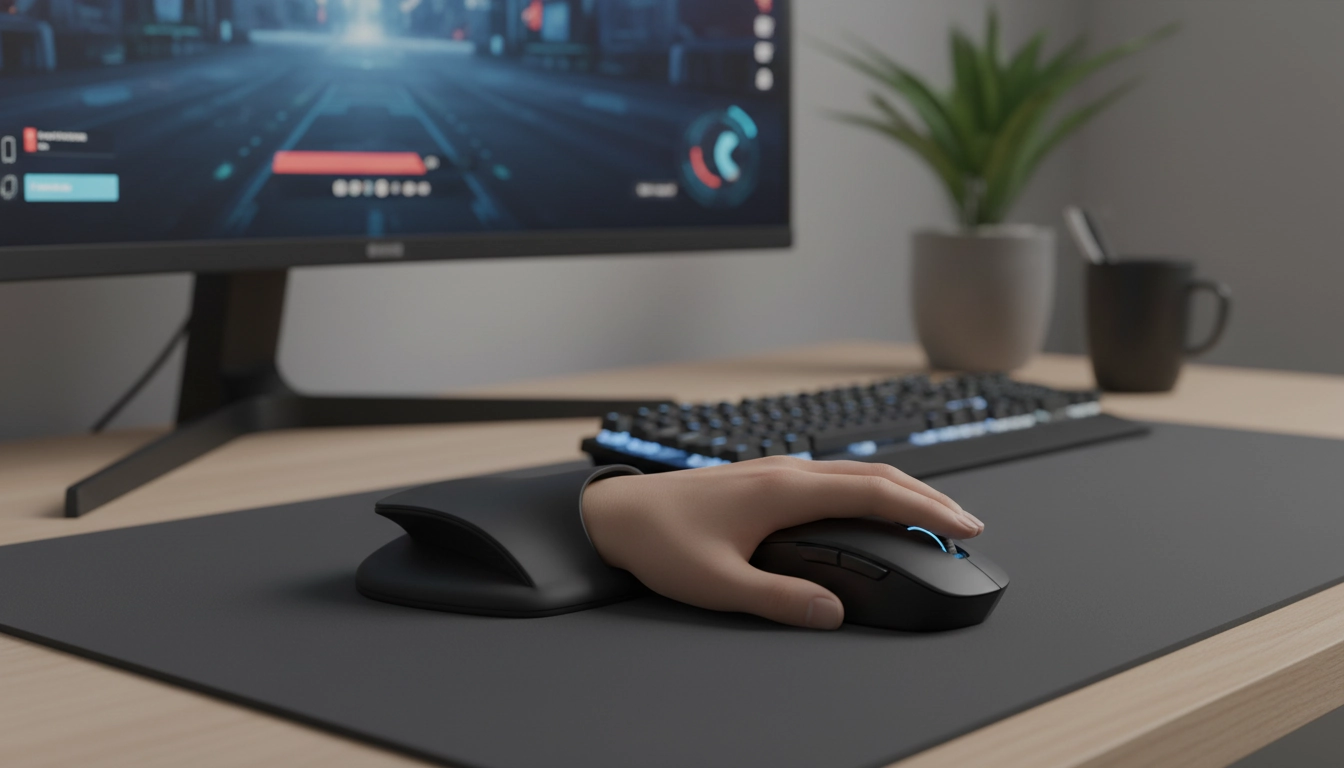 Support de poignet pour tapis de souris gaming positionné sur un bureau ergonomique