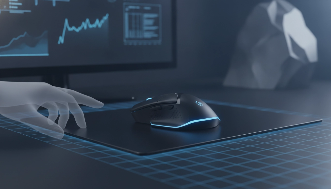 Une souris gaming haut de gamme sur une surface rigide contrôle mouvements millimétrés souris dans un setup professionnel.