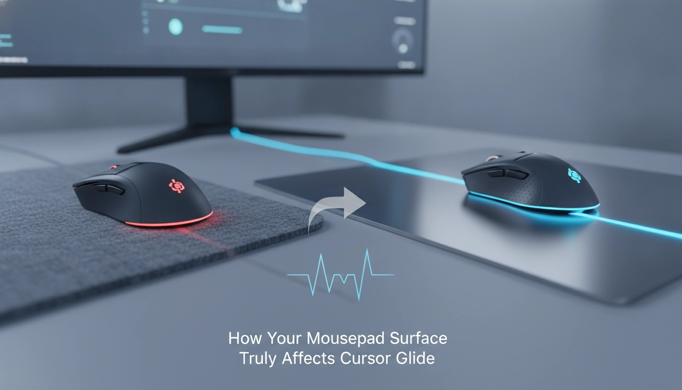 Gros plan sur une souris de gaming sur un tapis, montrant comment la surface du tapis de souris influence la glisse lors d'un mouvement rapide.
