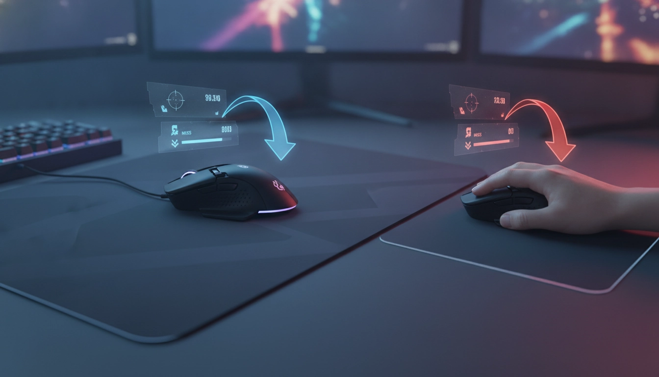 Un joueur professionnel testant pourquoi la taille du tapis de souris influence les performances gaming sur un setup optimisé.