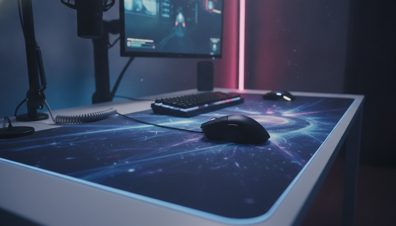Image montrant un espace de jeu optimisé où l'on comprend pourquoi la taille du tapis de souris améliore la précision des mouvements amples