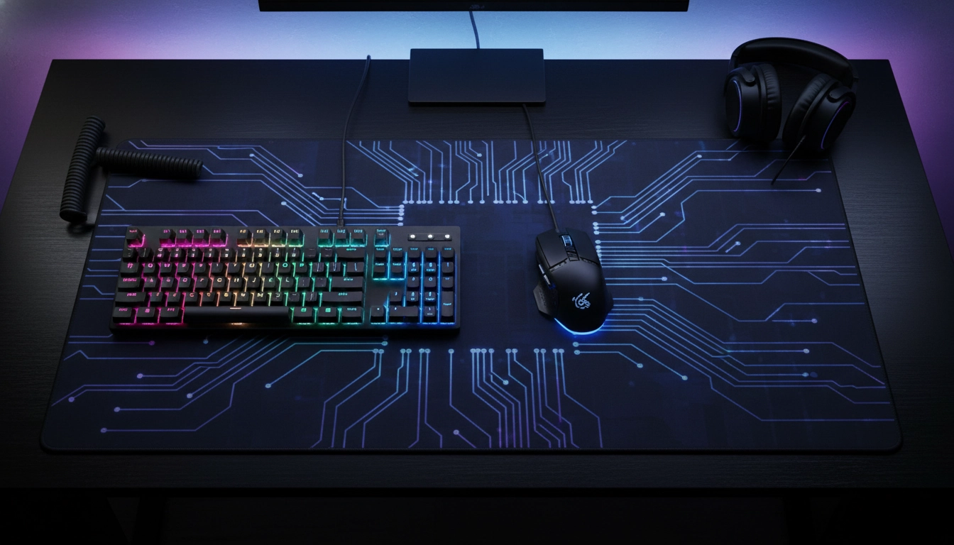 Grand tapis de souris XL sur bureau gaming illustrant la relation entre taille tapis souris sensibilité et espace de jeu