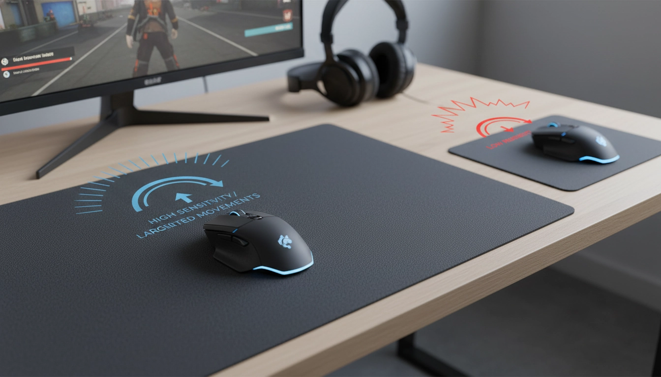 Setup gaming avec grand tapis de souris XL pour jouer en basse sensibilité, illustrant l'impact de la taille tapis souris sensibilité