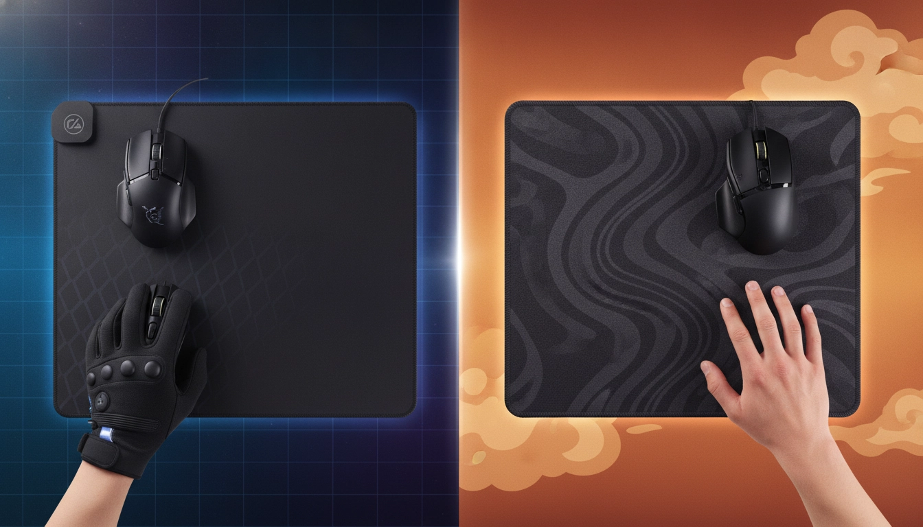 Un joueur professionnel comparant un tapis de souris rigide ou souple pour améliorer ses performances dans son setup.