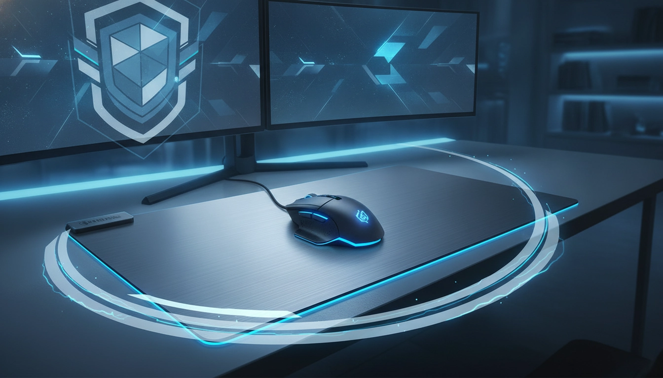 Un setup gaming épuré avec un tapis de souris dur aluminium résistance usure posé sur un bureau noir
