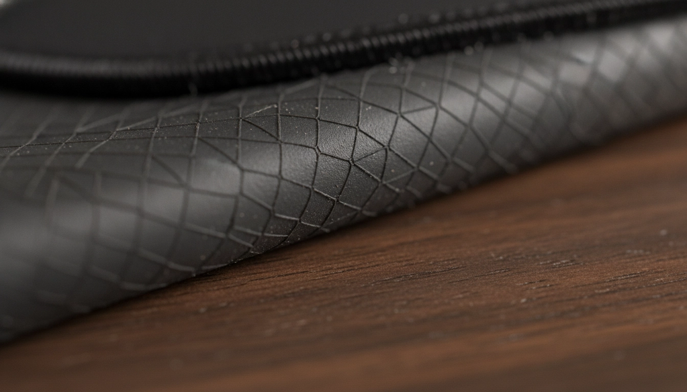 Détail de la base en caoutchouc d'un tapis souris clavier antidérapant stabilité bureau