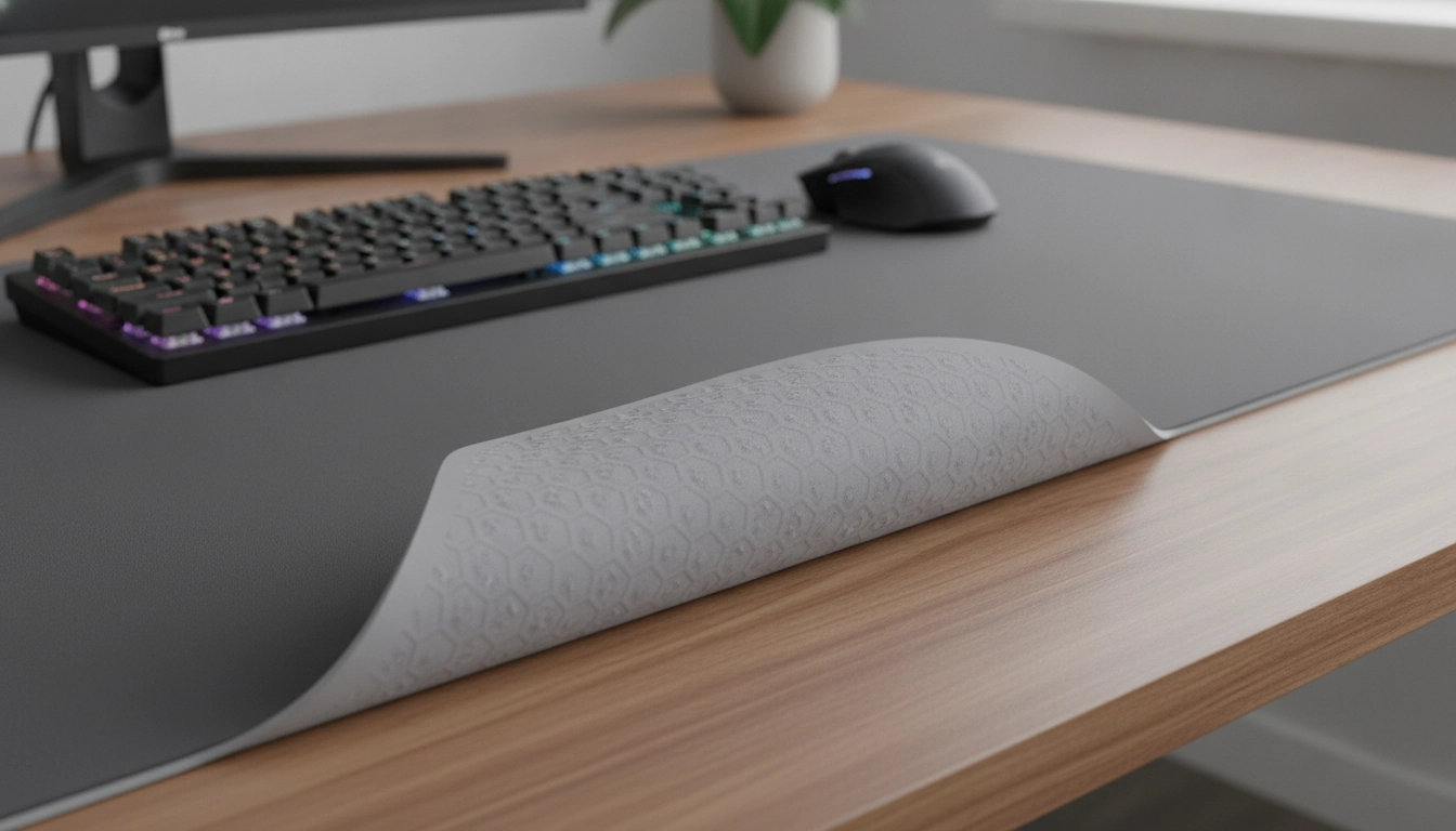 Un tapis souris clavier antidérapant stabilité bureau posé sur un bureau moderne