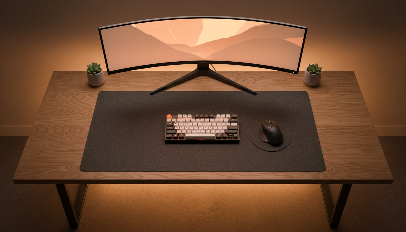Un tapis souris pour clavier esthétique setup bureau immersif installé sur un bureau gaming haut de gamme.
