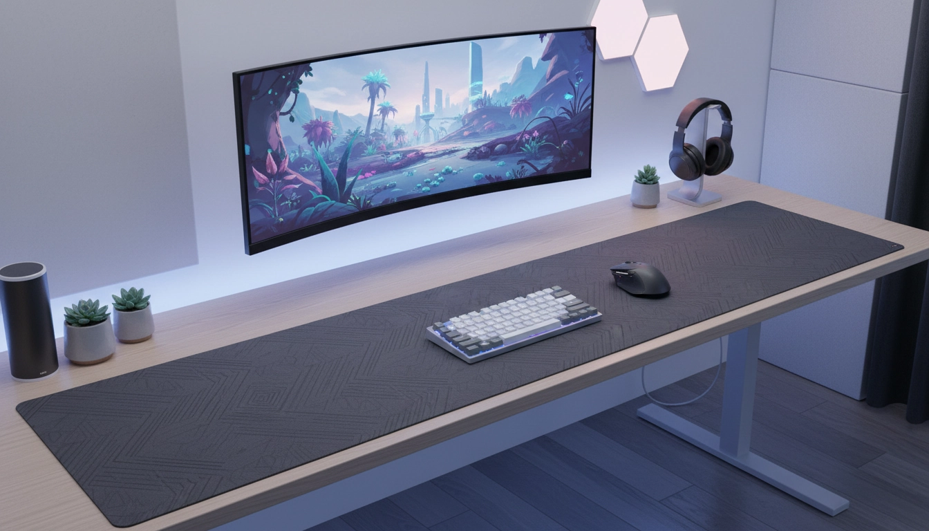 Un tapis souris pour clavier esthétique setup bureau immersif noir minimaliste sur un bureau en bois sombre.