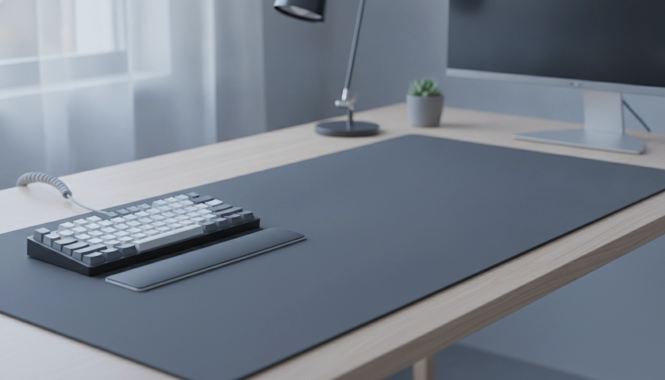 Un setup de bureau moderne avec un tapis souris pour clavier taille idéale parfaitement positionné