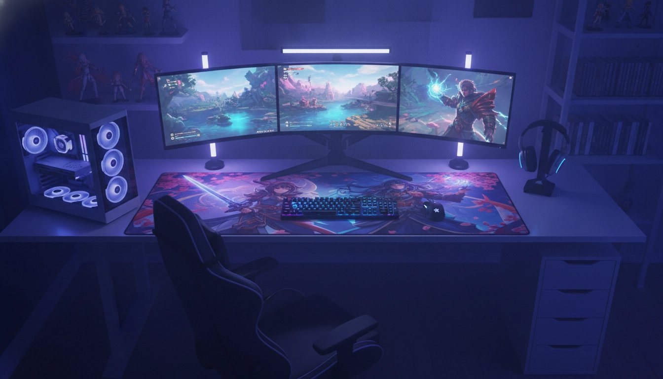 Un tapis de souris design anime personnalisé pour setup gaming avec un éclairage néon immersif.