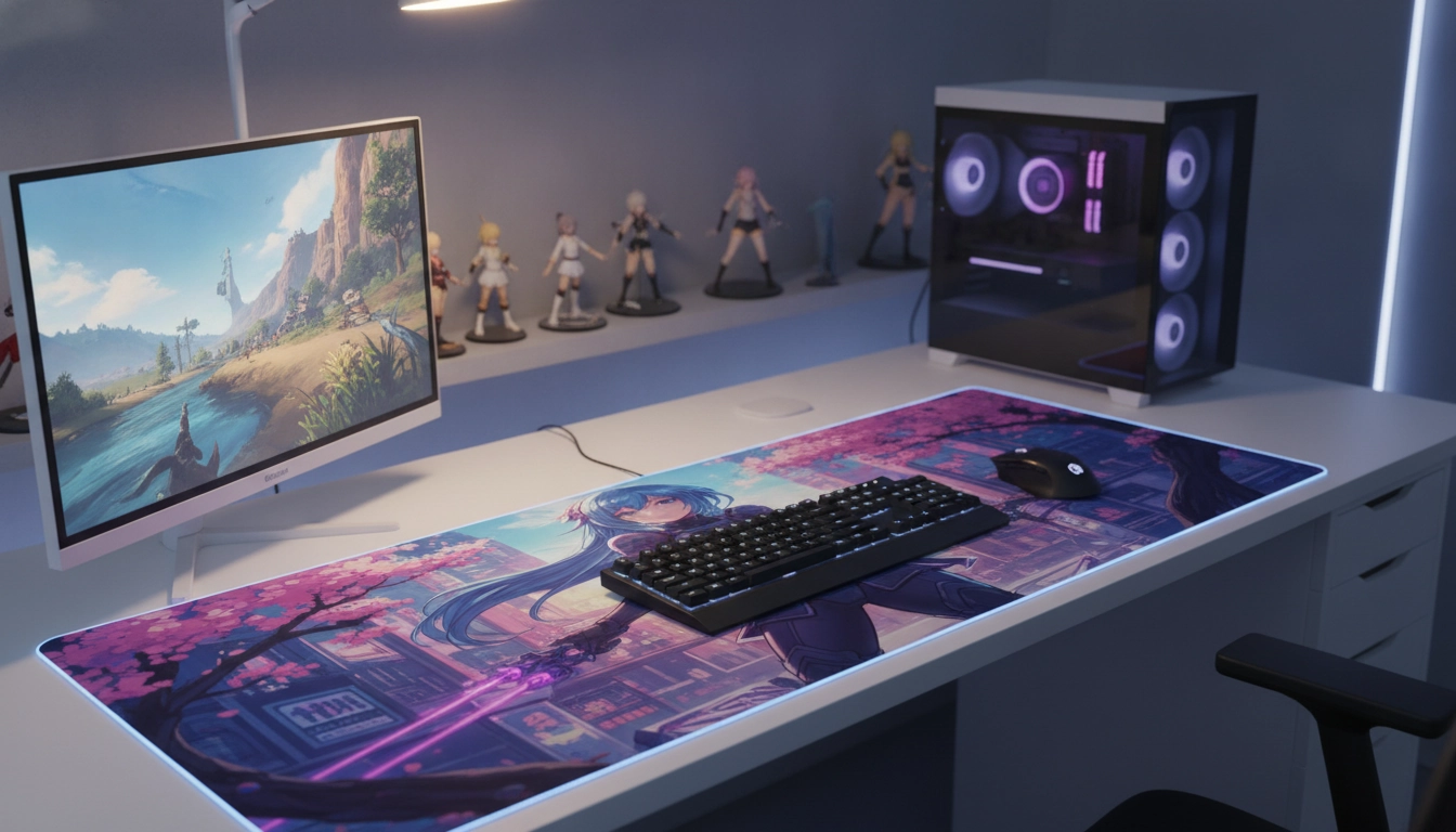Un magnifique tapis de souris design anime personnalisé pour setup gaming posé sur un bureau moderne avec éclairage LED.