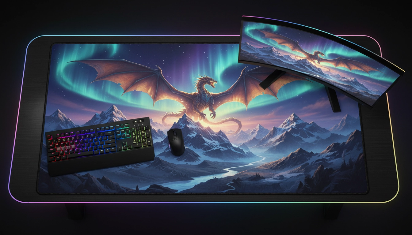 Tapis souris design unique avec un paysage fantasy lumineux posé sur un setup gaming moderne