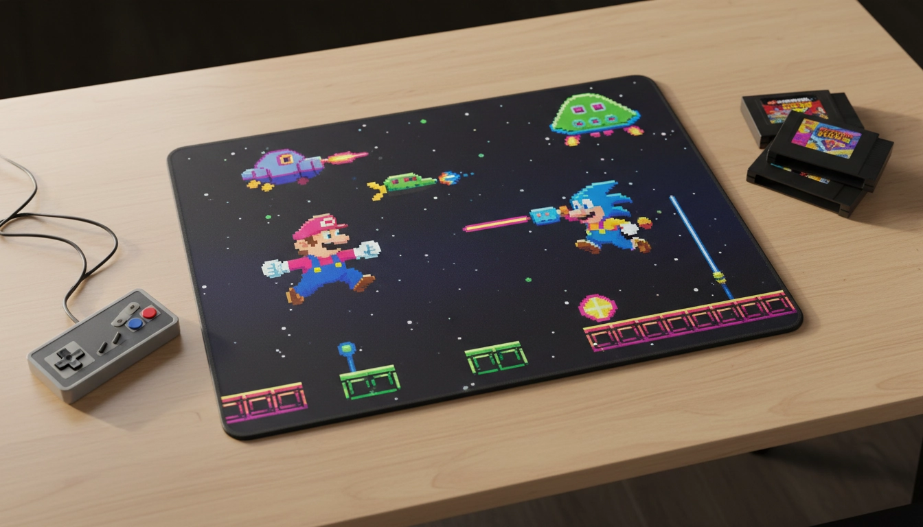 Tapis de souris en pixel art rétro avec des personnages 8-bit colorés sur un bureau gaming old-school
