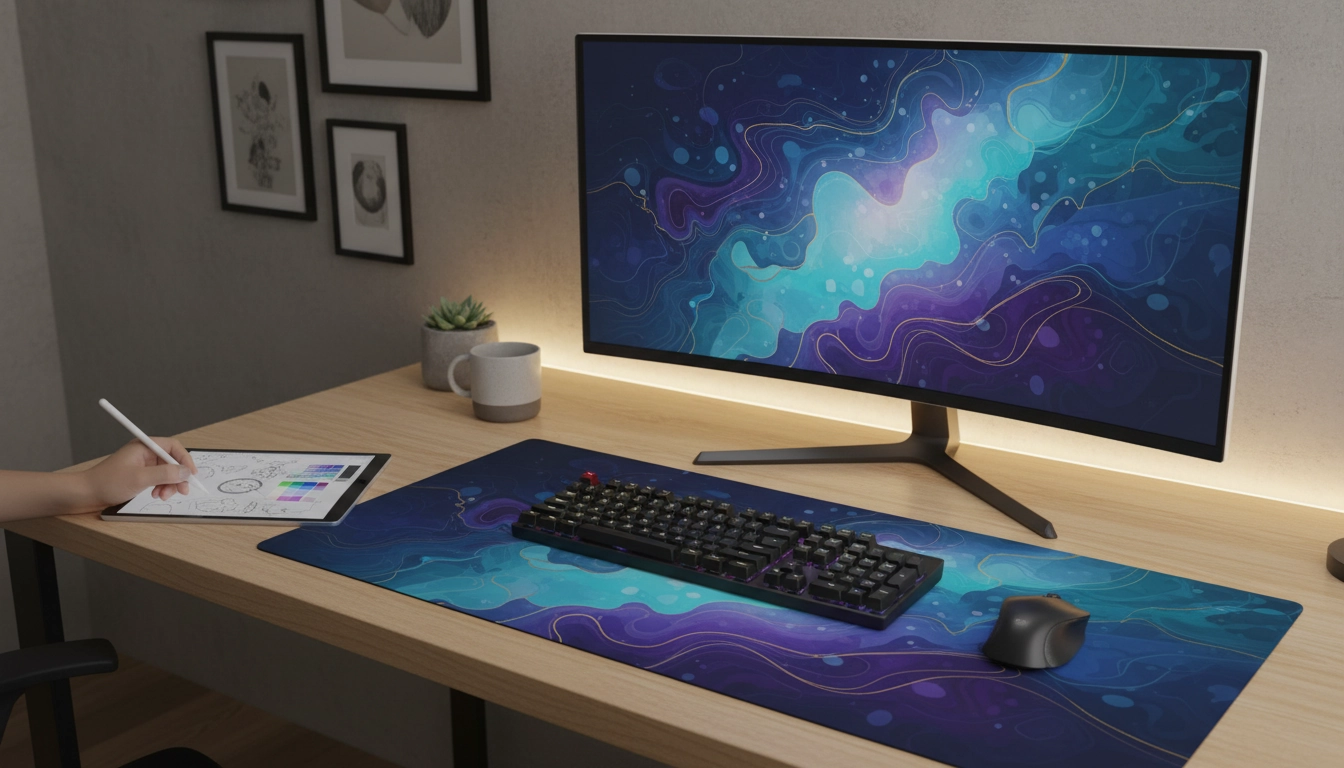Tapis de souris grand format avec un design unique illustrant un paysage fantasy sur un setup gaming moderne