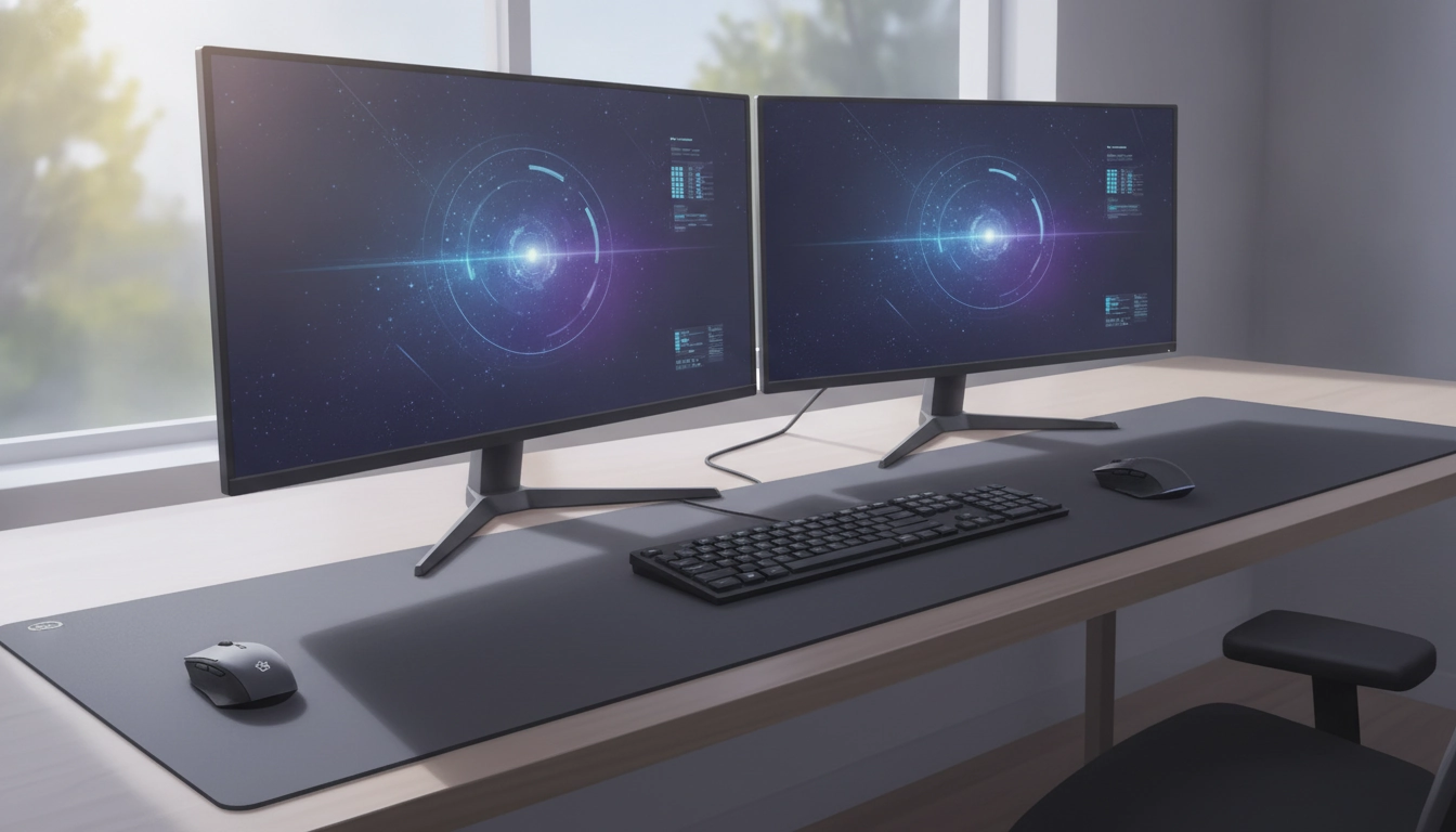 Bureau gaming avec configuration double écran et grand tapis pour adapter taille tapis souris configuration double écran