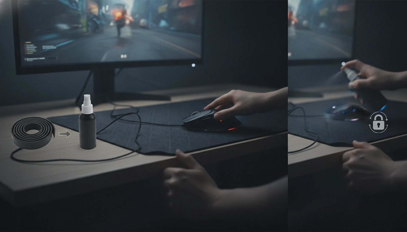 Un setup gaming professionnel montrant un tapis de souris stable sur un bureau, illustrant pourquoi tapis souris glisse pendant partie.